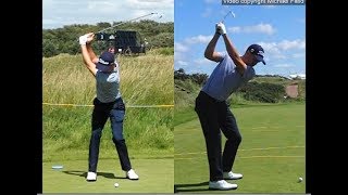 Justin Thomas golf swing  Long Iron faceon amp downtheline July 2017 [upl. by Naillimixam]